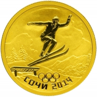 Золотая монета «Прыжки на лыжах с трамплина. XXII Олимпийские зимние игры в Сочи 2014» 7,78 грамм